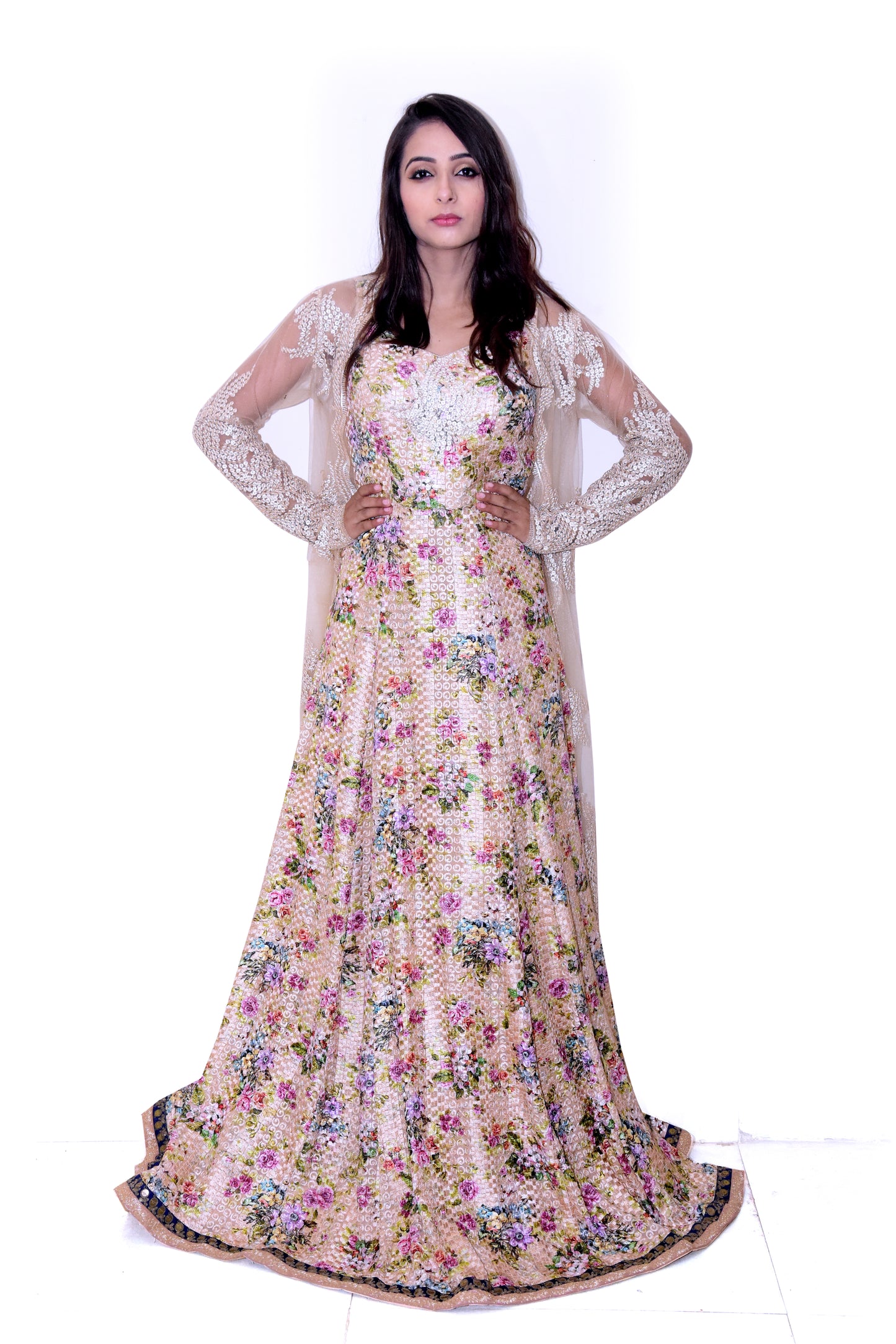 Beige Gown with Net Jacket