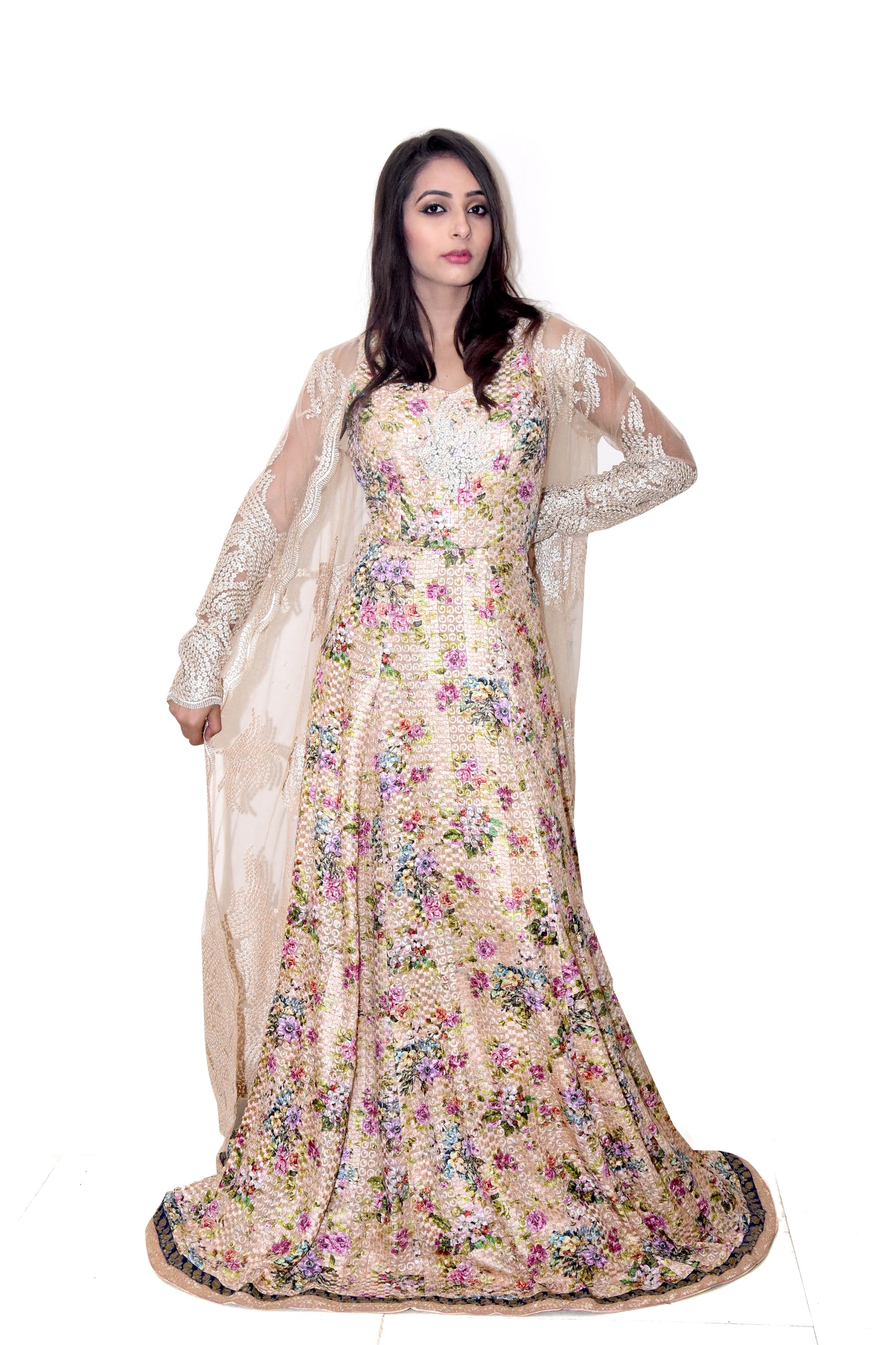 Beige Gown with Net Jacket