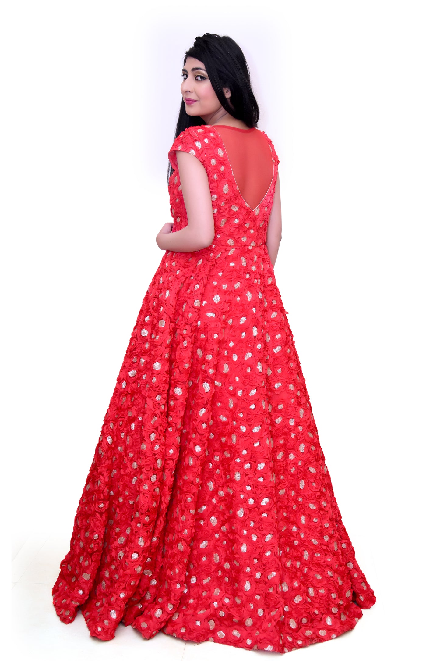 Red A-line Floral Gown