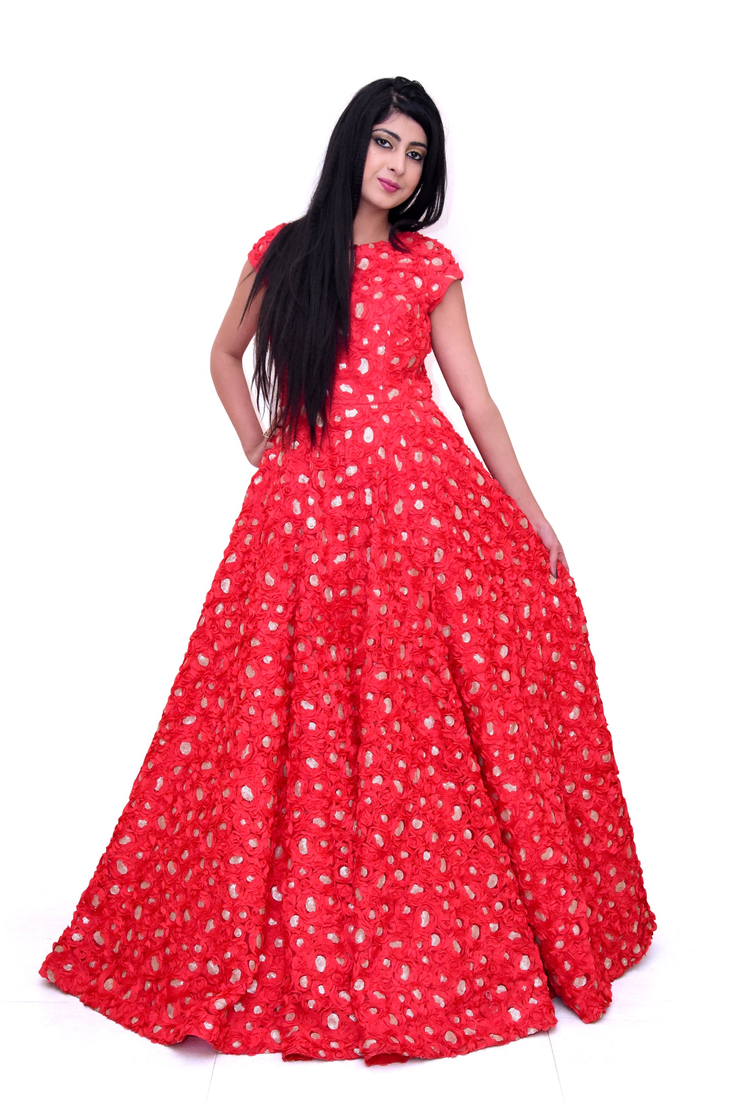 Red A-line Floral Gown