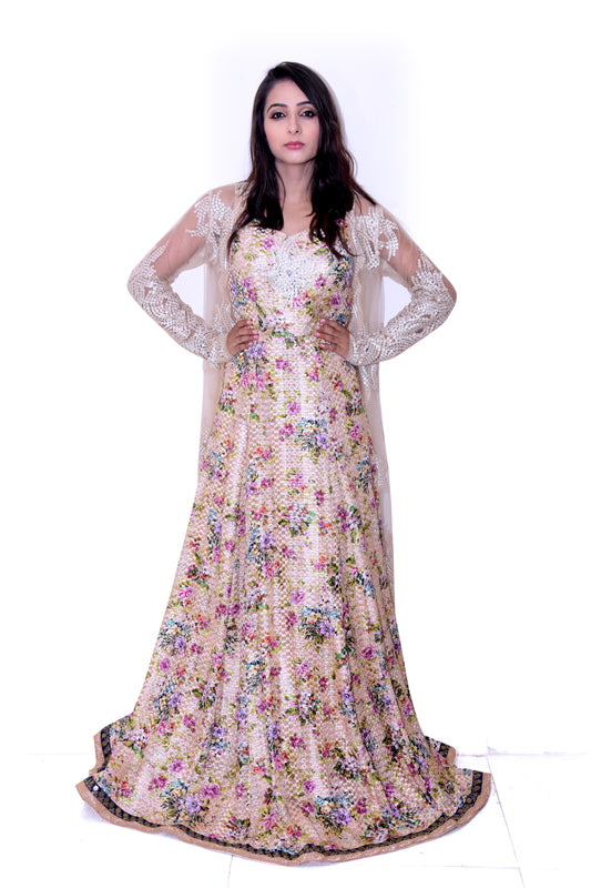 Beige Gown with Net Jacket