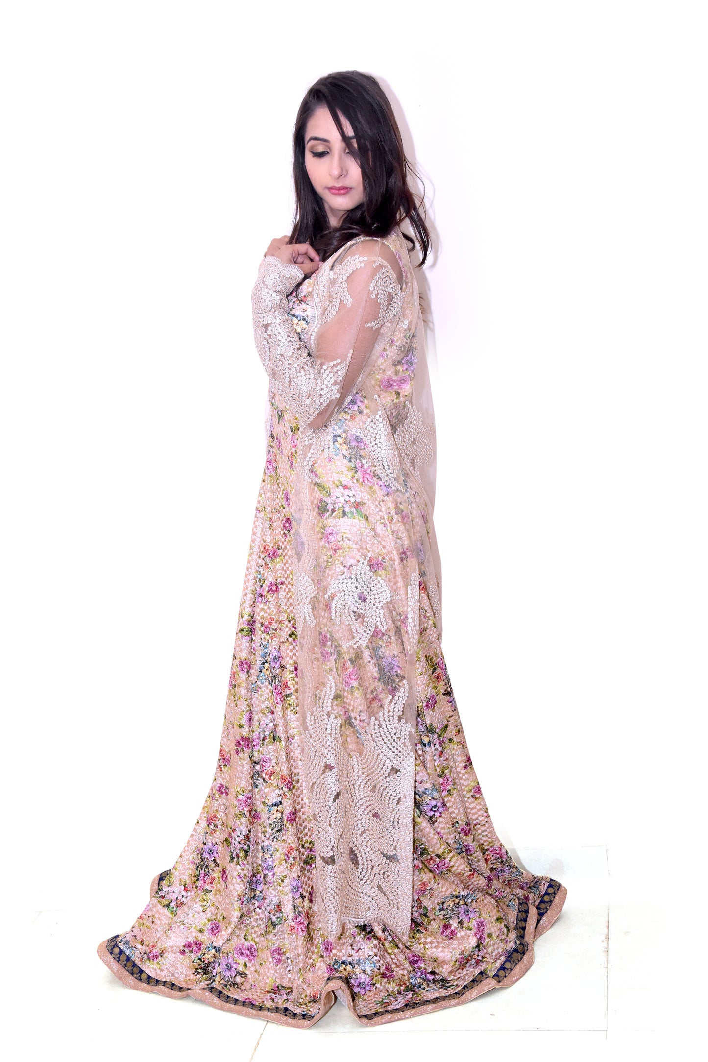 Beige Gown with Net Jacket