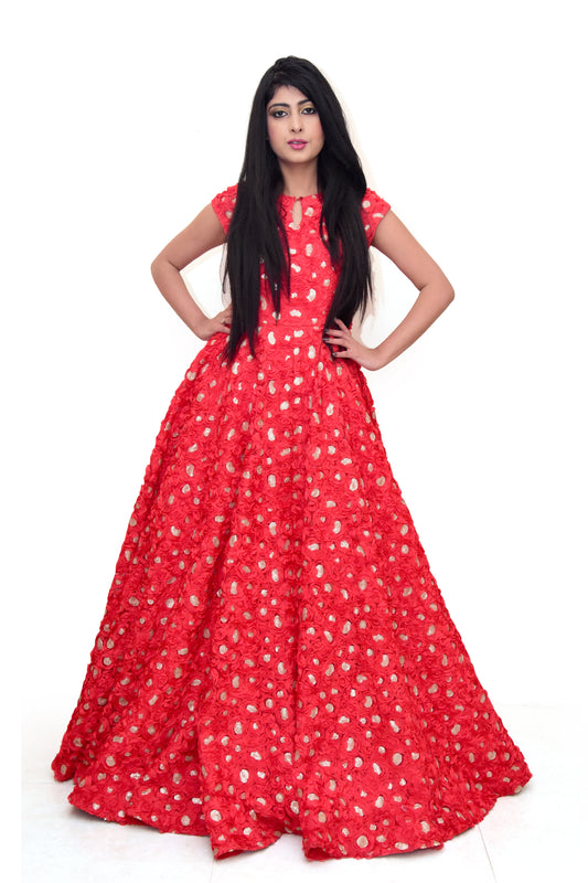 Red A-line Floral Gown